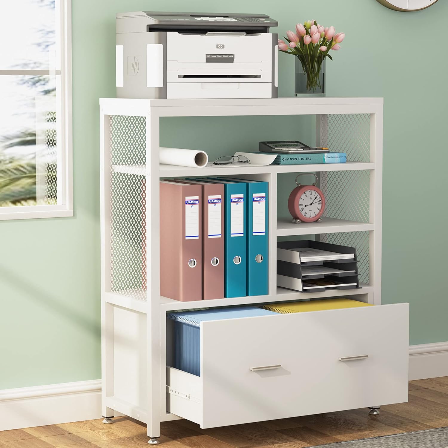 White Wood Lateral File Cabinet with Drawer and Metal Wire Open Storage Shelves S4329
