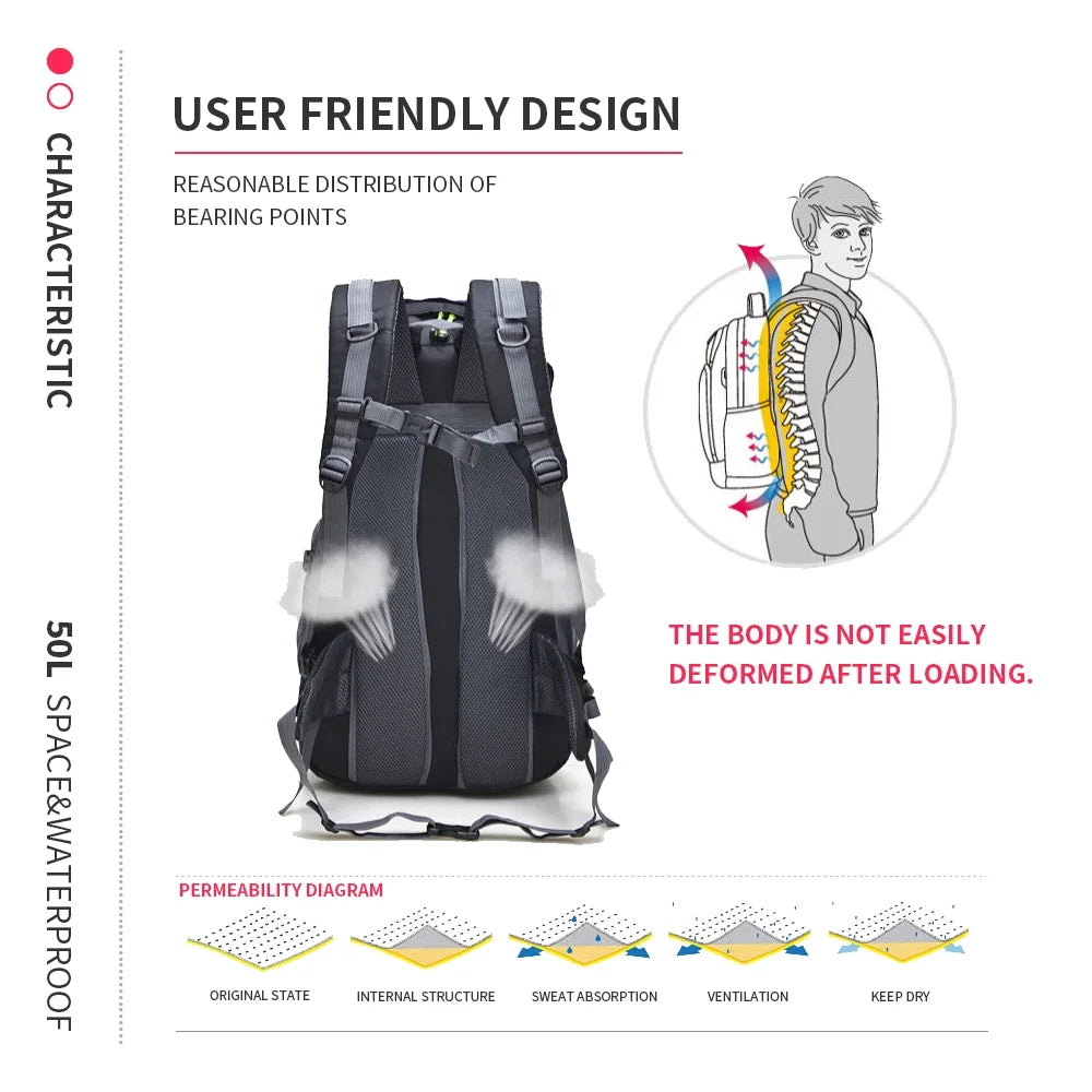 50L Lightweight Water Resistant Hiking Backpack S9207