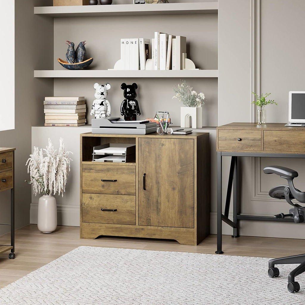 Rustic Brown 2 Drawer Wooden Storage Cabinet with Door and Adjustable Shelves N847