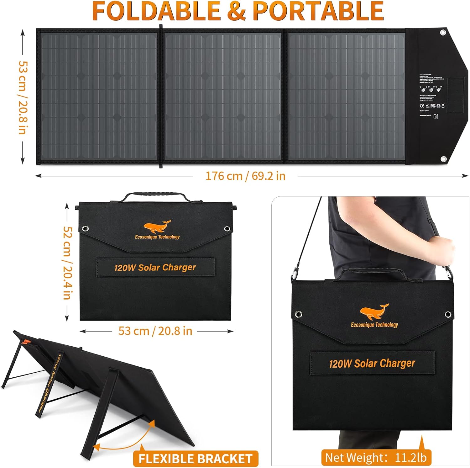 120W Foldable Portable Solar Panel with Adjustable Kickstand U75328