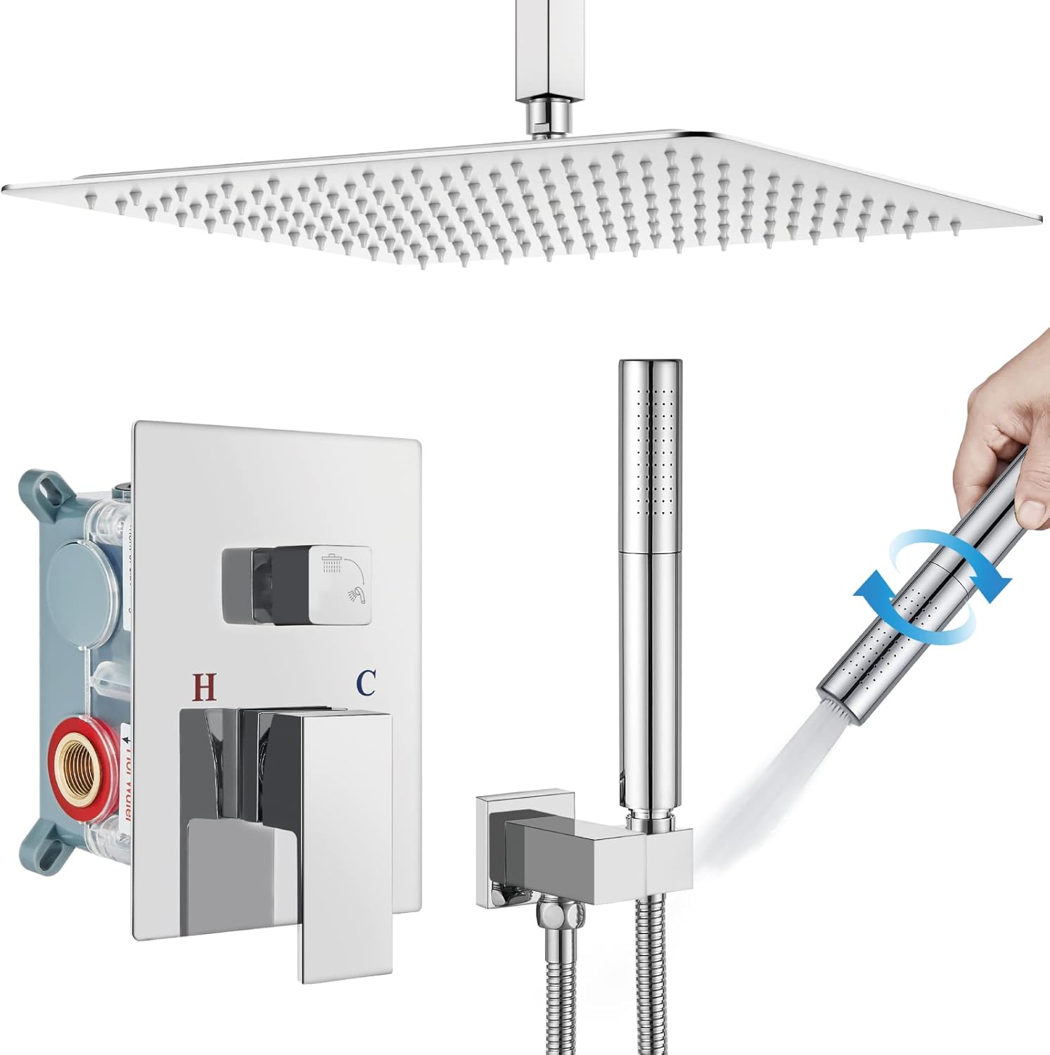 Chrome Polished 12 Inch Square Rainfall Shower System SUS304 Stainless Steel Shower Trim Kit 2 in 1 Handheld Shower with Rough-in Valve Q87665