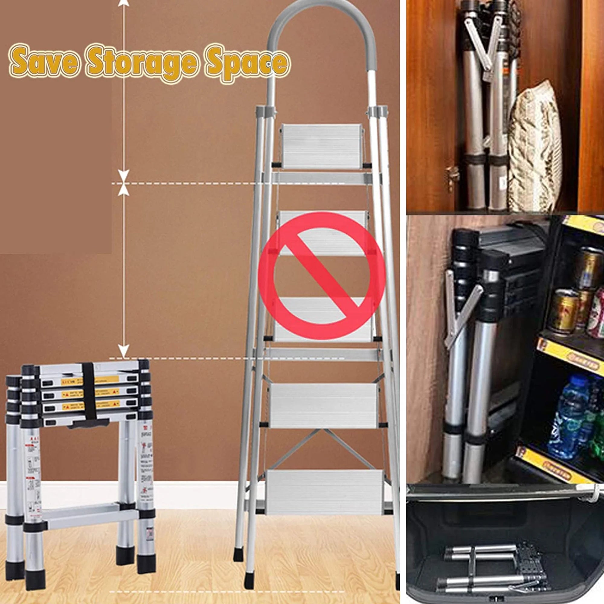 Telescopic Step Ladder Aluminium Heavy Duty 150KG Capacity Folding Anti-Slip Stepladder D949