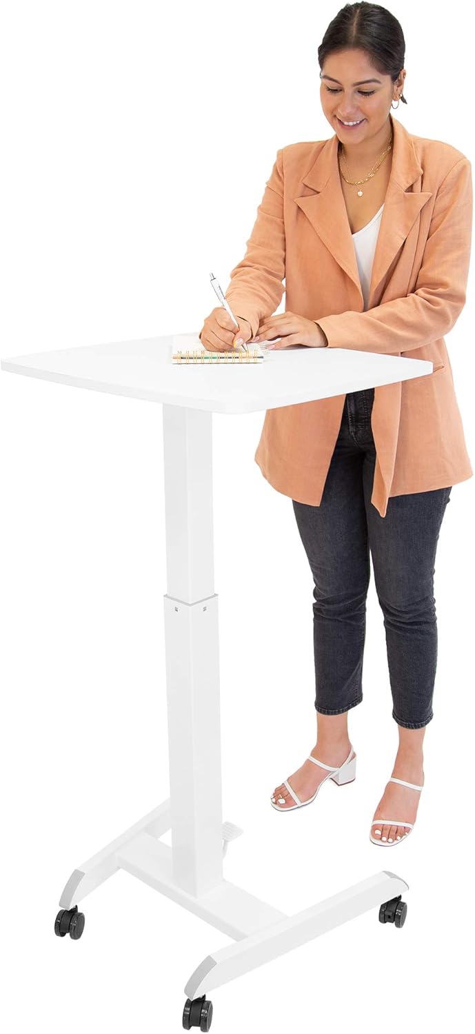 White Adjustable Rolling Laptop Desk with Wheels P16717