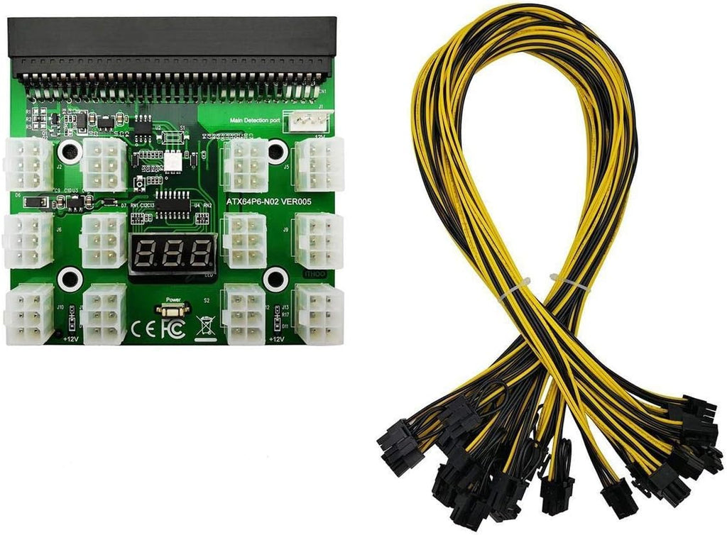 1200W/750W Server PSU Power Supply Unit with GPU Breakout Board Adapter and 12pcs 6-Pin PCIe to (6+2Pin) PCIe Cables A6676