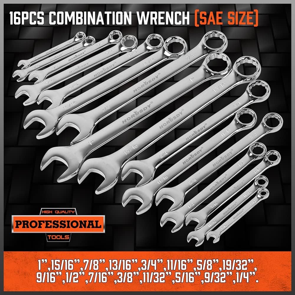 32-Piece Combination Wrench Set, SAE and Metric, 12 Point, Chrome Vanadium Steel L120256