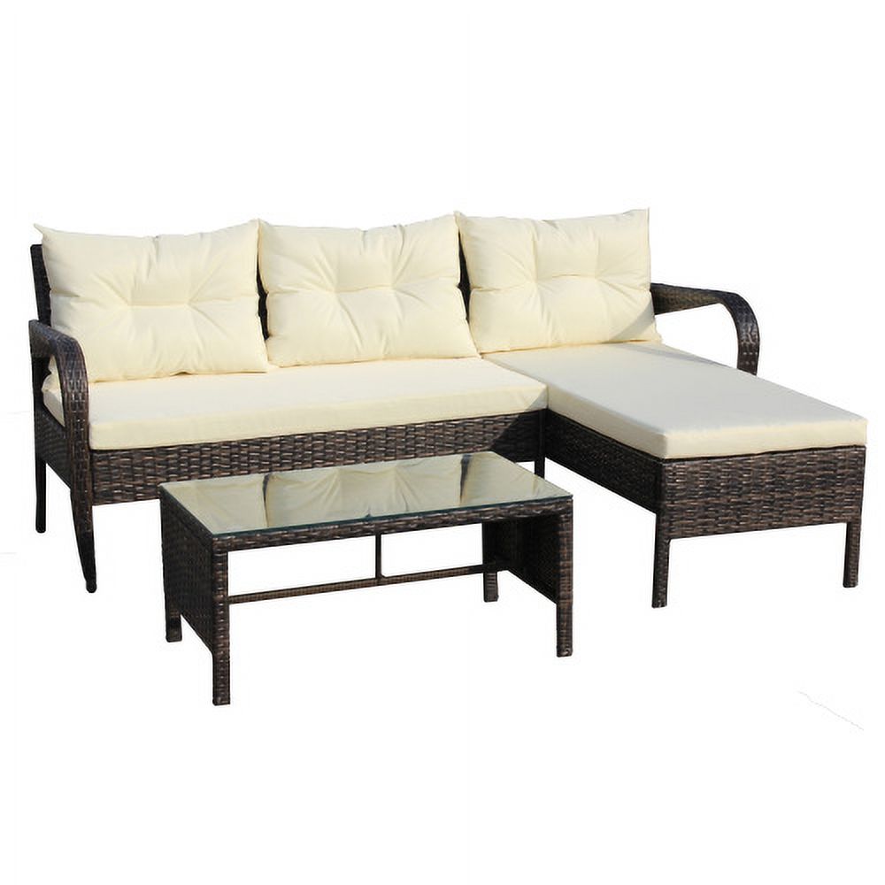 3 Piece Wicker Rattan Sectional Sofa with Beige Seat Cushions F58573