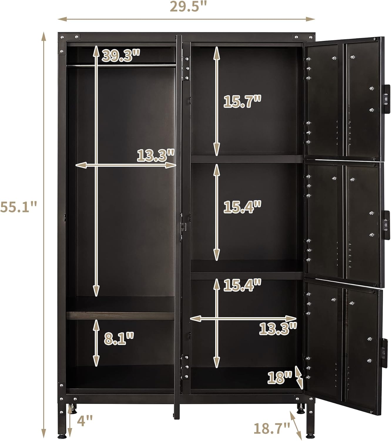 Metal Storage Cabinet with 4 Doors, 55 Height Steel Cabinet with Lockable Doors B664