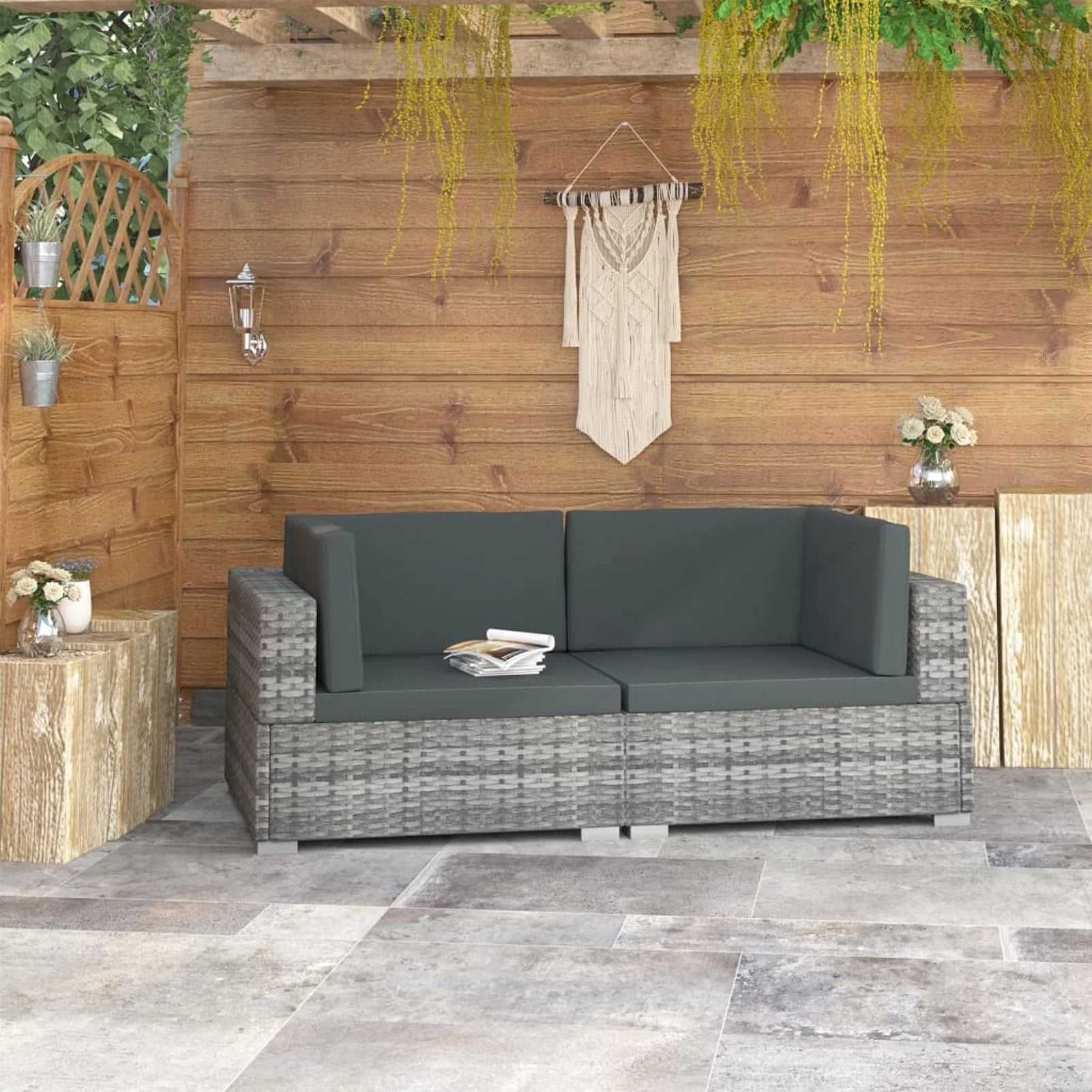 2 Piece Gray Poly Rattan Patio Sofa Set with Cushions M4346