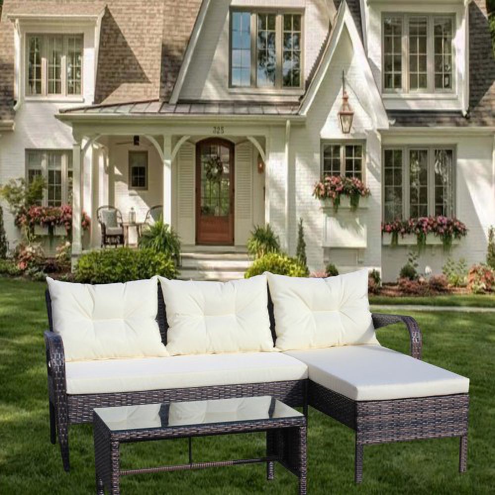 3 Piece Wicker Rattan Sectional Sofa with Beige Seat Cushions F58573