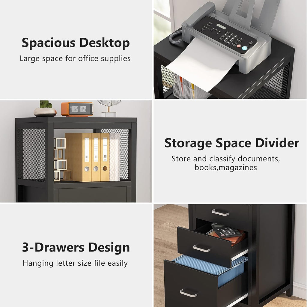 Black 3 Drawer Vertical File Cabinet with Metal Wire Storage Shelves G779015