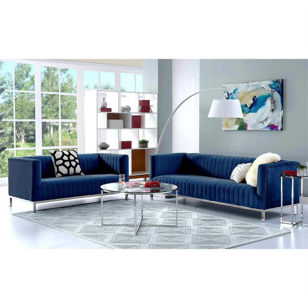 Navy Blue Velvet Loveseat with Chrome Base V10671