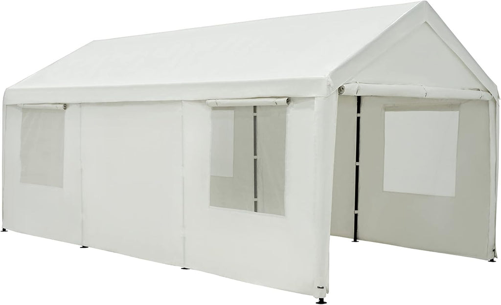 White 10 x 20 ft Heavy Duty Carport with Ventilated Windows and Removable Sidewalls L8269
