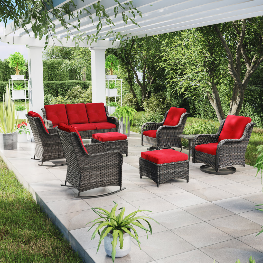 Red 8 Piece Patio Furniture Set with Sofa, Swivel Rocking Chairs, Ottomans, Side Table F839
