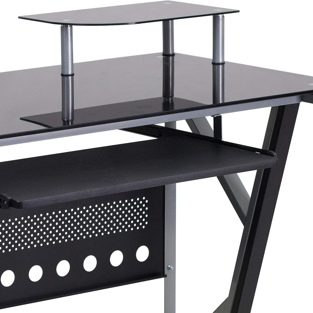 Black Glass Computer Desk with Keyboard Tray and CPU Cart R603532