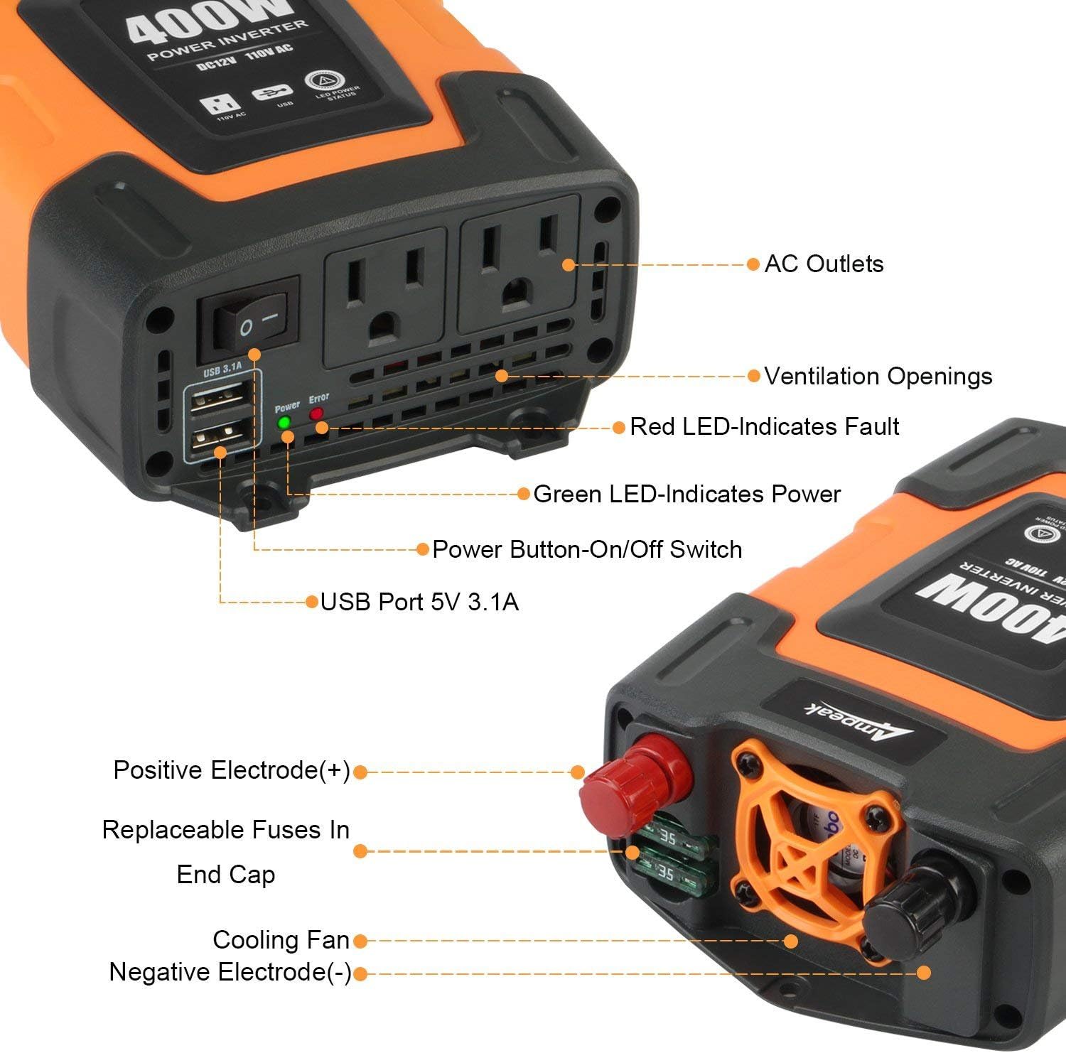 400W Power Inverter 12v to 110v DC to AC 2 USB Charge Ports 2 Outlets Q5496