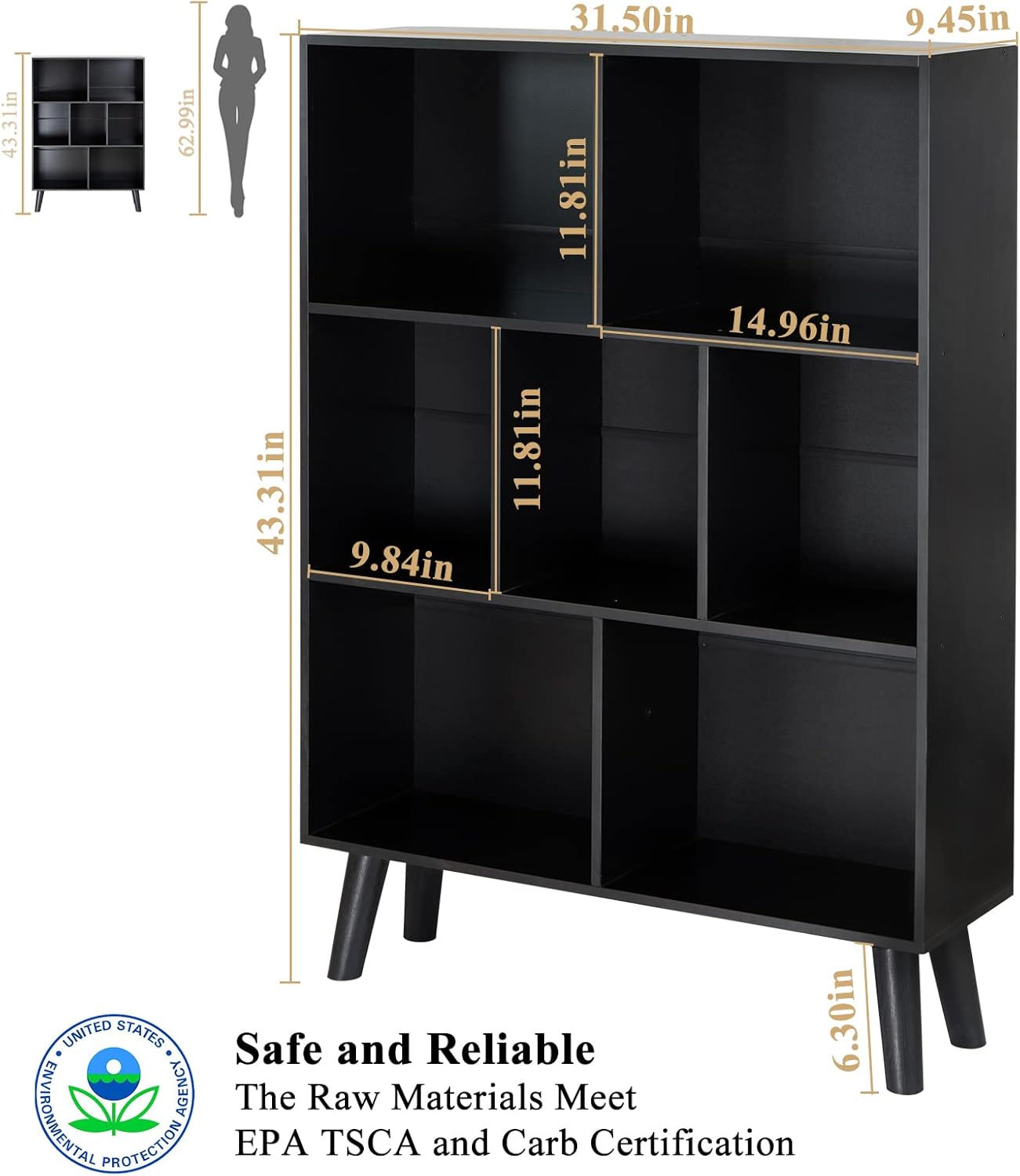 Black 3 Tier Wood Bookshelf U73079