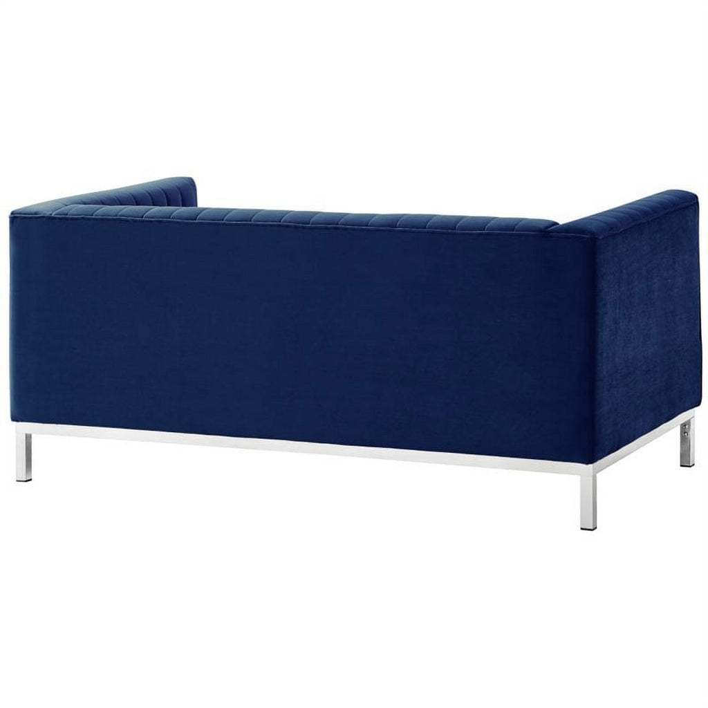 Navy Blue Velvet Loveseat with Chrome Base V10671