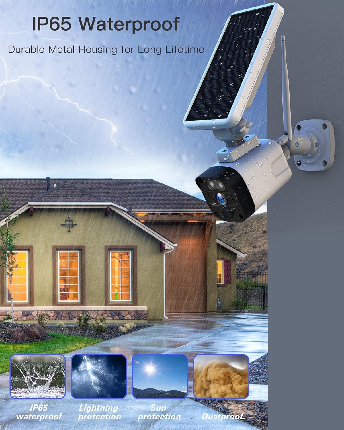 Solar Security Camera System, 4 Cameras, Solar Powered with Base Station, 2-Way Audio, Night Vision, IP65 Waterproof B268
