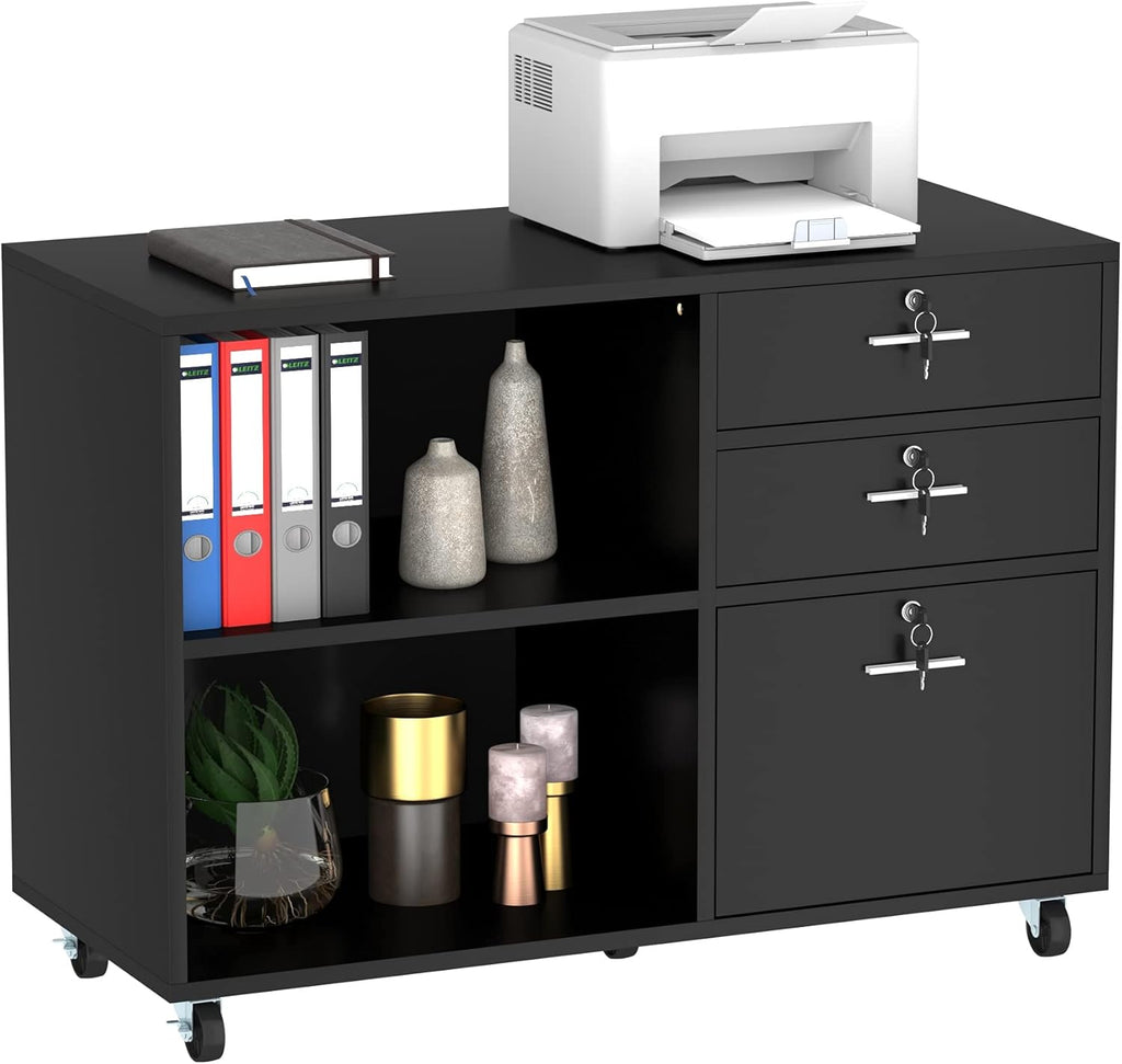 Black 3 Drawer Wood Lateral File Cabinet with 2 Open Shelves I876707