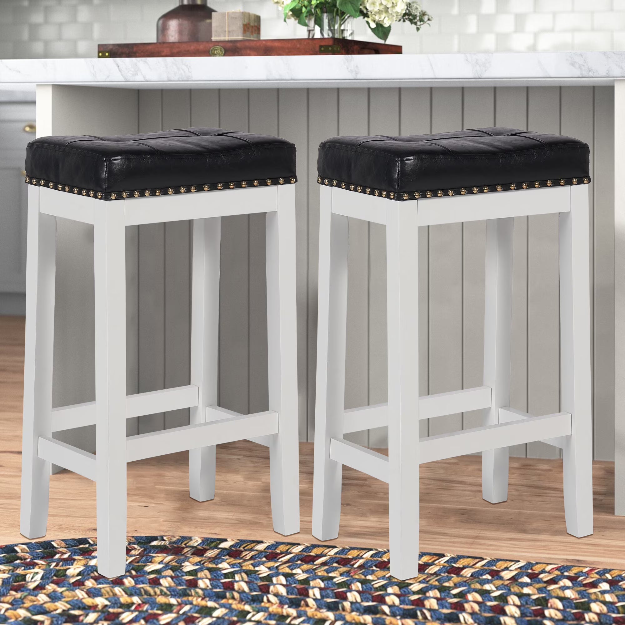 White 29 Inch PU Leather Bar Stools Set of 2 Solid Wooden Saddle Stool D75277