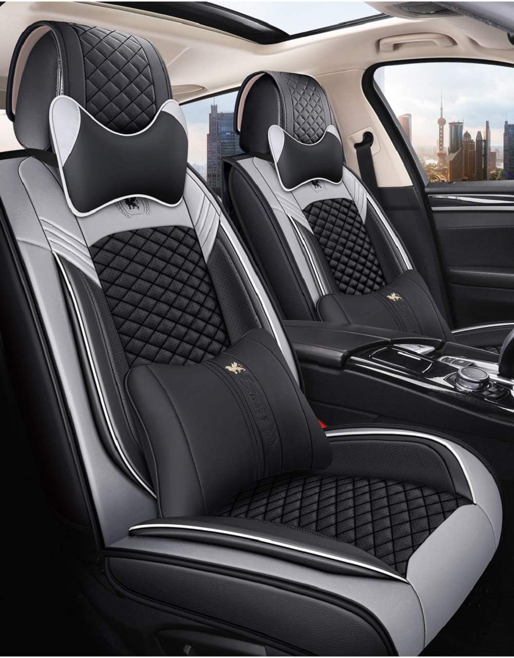 Black & Pink Leather Car Seat Covers 5 Seats Full Set X97396
