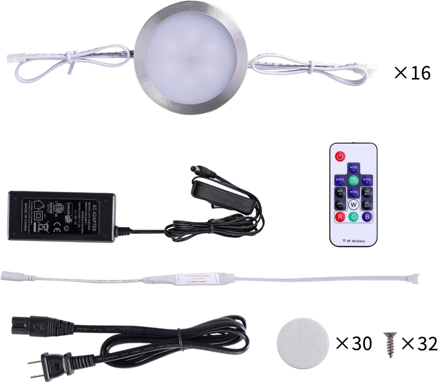 16 Pack Linkable Dimmable RGB Under Cabinet Puck Lights Kit with Remote Control J67061