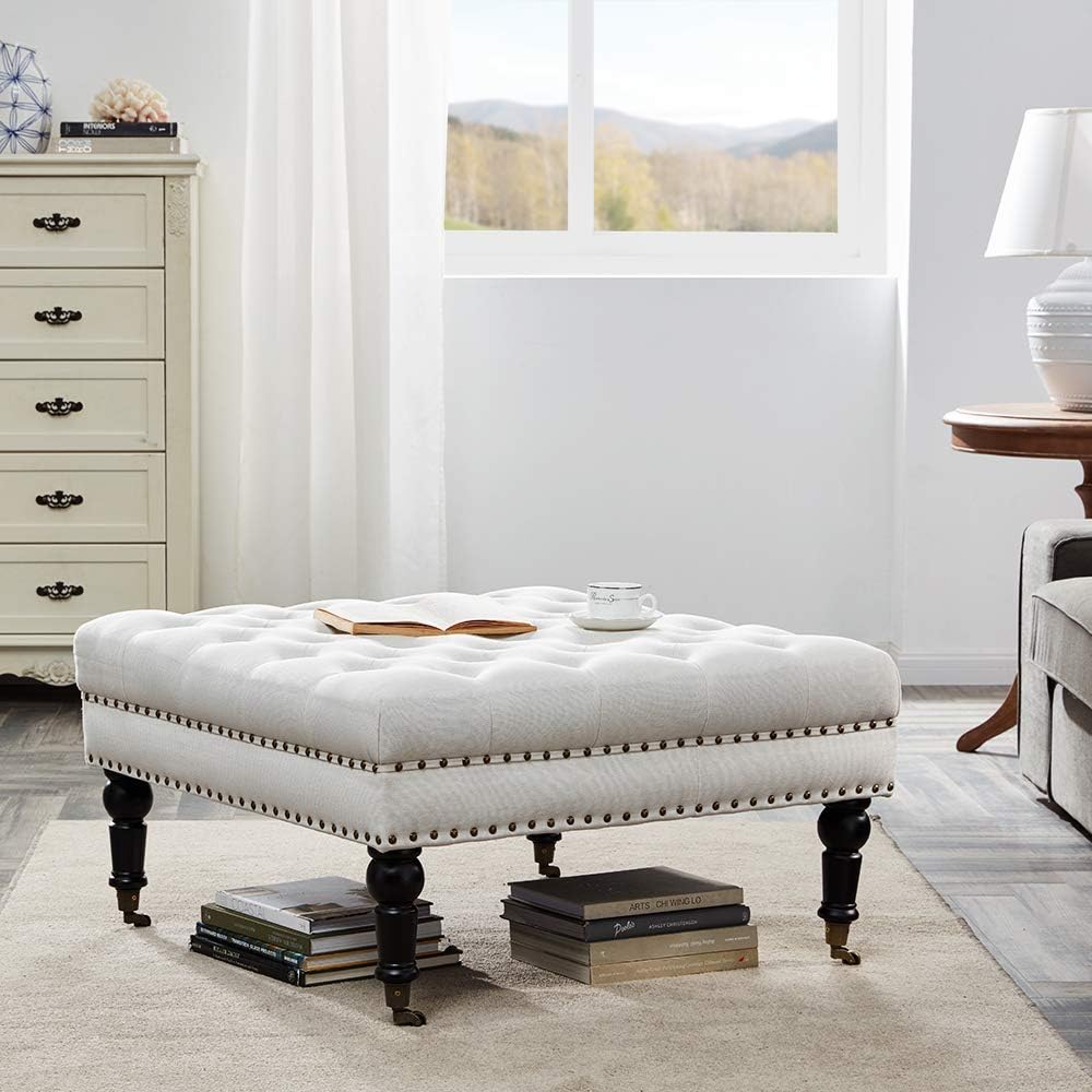 Gray Linen Ottoman with Caster Wheels B1010